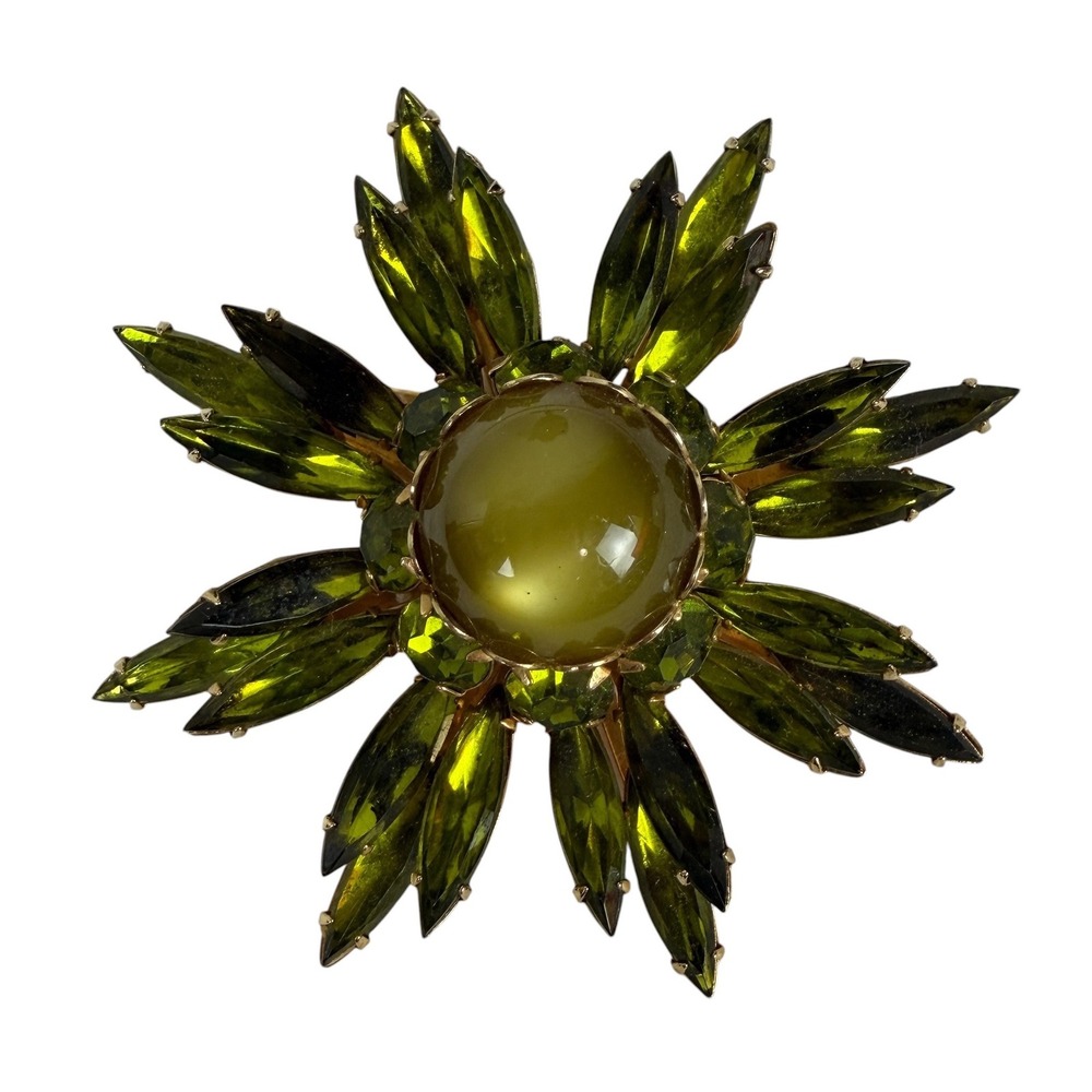 Vintage Green Rhinestone Starburst Brooch Gold Tone Cats Eye Cabochon Statement